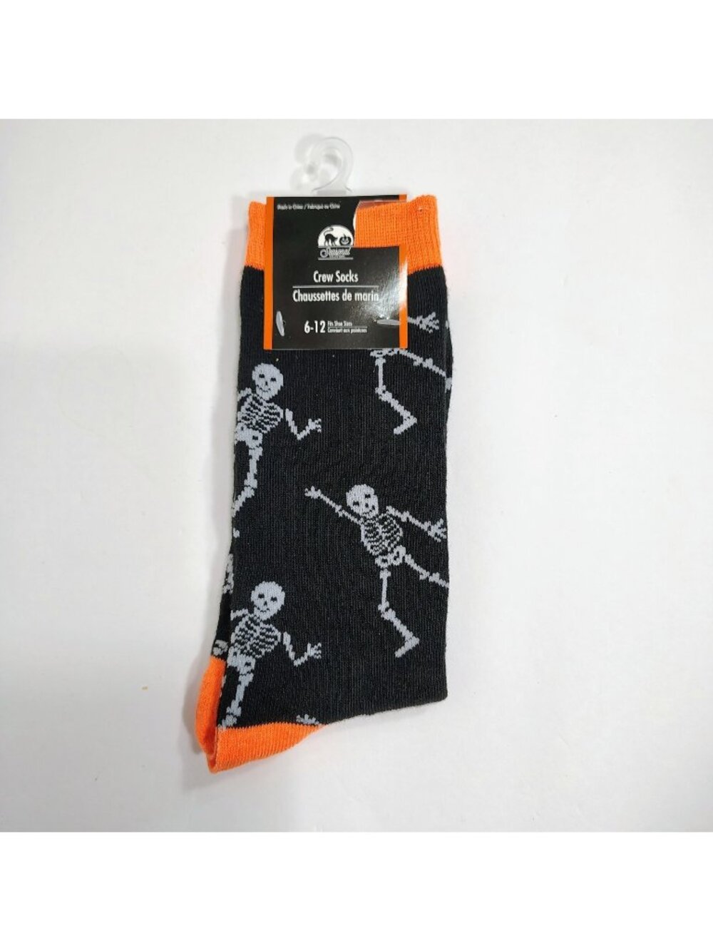 Halloween Crew Socks Womens Size 6-12 Black Dancing Skeleton Pattern Orange Trim